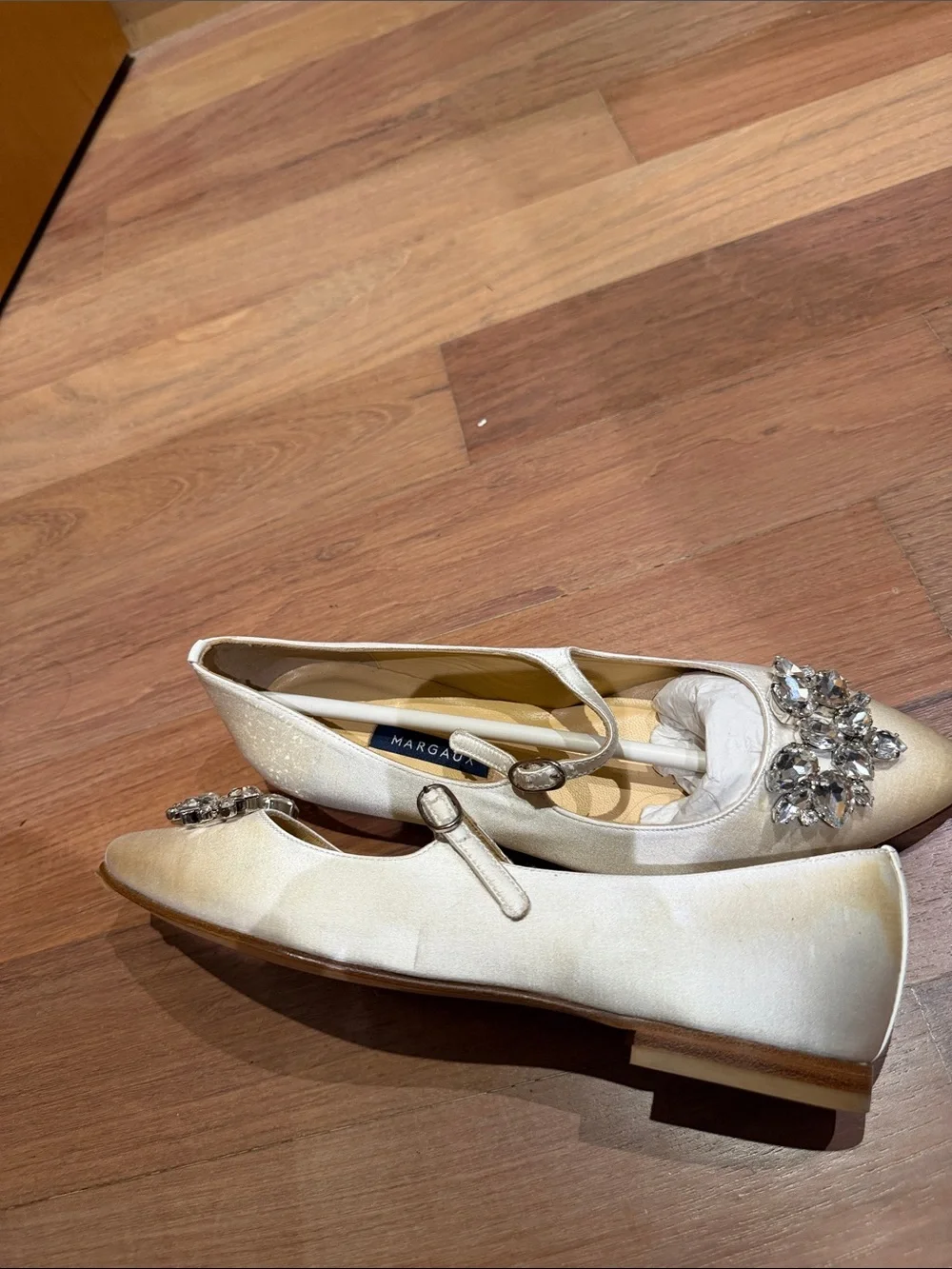Margaux Wedding white satin flat with rhinestone embellishment. Never worn!